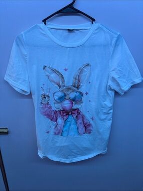 SHEIN White Short Sleeve Tee with Pink Bunny Graphic